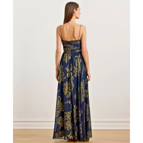 Lauren Ralph Lauren Women's Paisley Foiled Chiffon Sleeveless Gown Dress Navy 12 - Picture 4 of 14